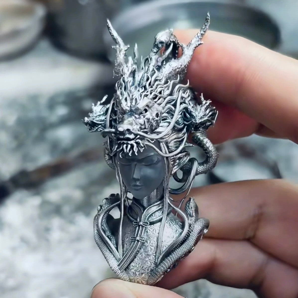 Exquisite 925 Silver Necklace Dragon Maiden Pendant Chinese Style Unisex Chain
