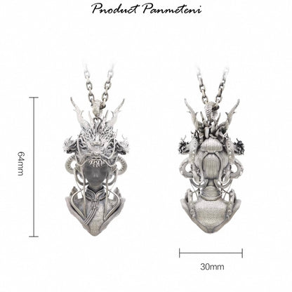 Exquisite 925 Silver Necklace Dragon Maiden Pendant Chinese Style Unisex Chain