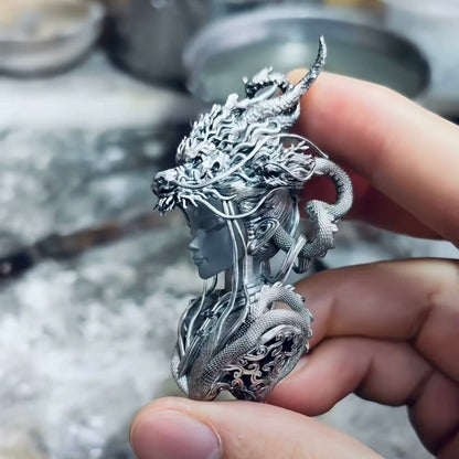 Exquisite 925 Silver Necklace Dragon Maiden Pendant Chinese Style Unisex Chain